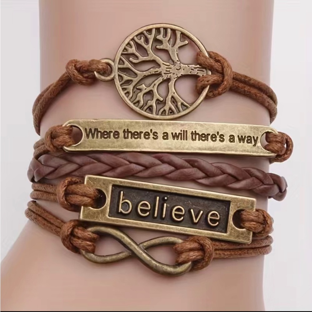 Vintage Handwoven Bronze Bracelet With Leather Rope And Tree Pattern